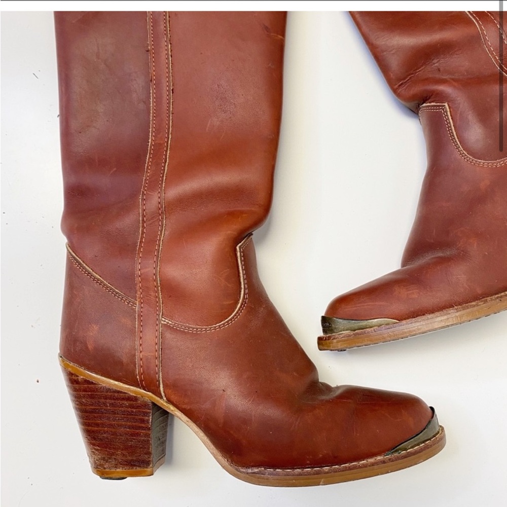 Zodiac Tall Cognac Leather Boots Brass Tip Toe 7.5 EUC - Picture 2 of 5
